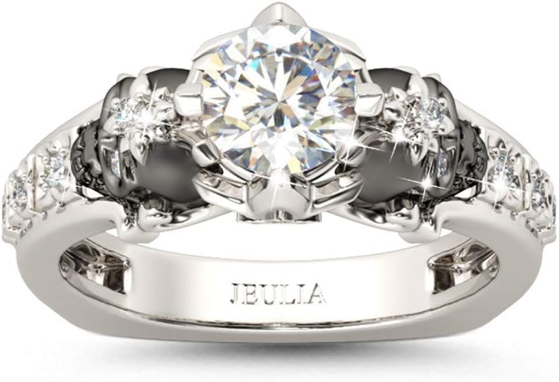 Jeulia 2 Carat Round Cut Diamond Skull Rings for Women Customized Bridal Sterling Silver TwoTone Wedding Band with European Shank Wedding Engagement Promise Rings for Her with GiftBox