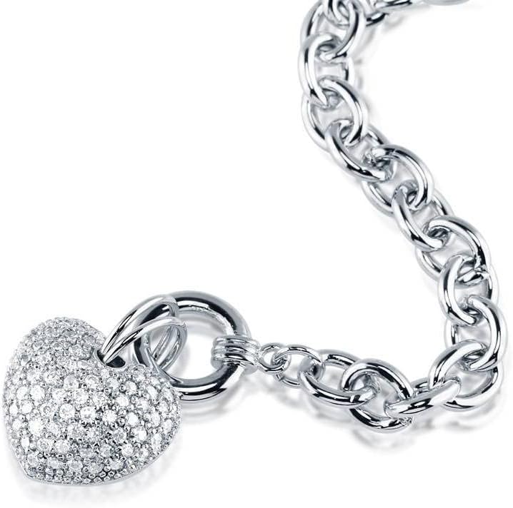 BERRICLE Silver Tone Heart Statement Toggle Charm Bracelet for Women, Cubic Zirconia CZ