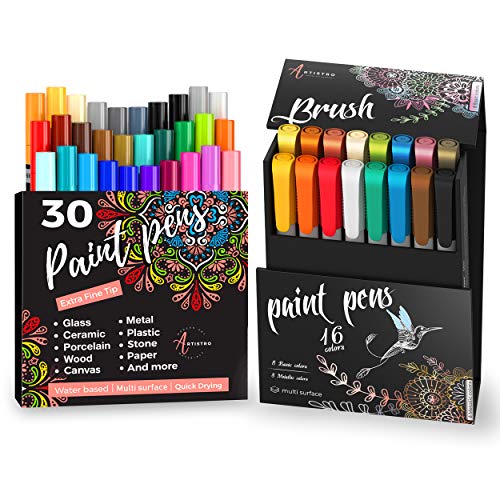 Artistro 16 Acrylic Paint Pens Brush Tip And 30 Acrylic Paint Pens Extra Fine Tip, Bundle For Calligraphy, Scrapbooking, Brush Lettering, Card Making, Sketching, Black Paper, Rock Painting, Ceramics #TOP19