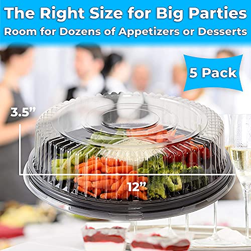 Heavy Duty, Recyclable 12 In. Serving Tray And Lid 5Pk. Large, Black Plastic Party Platters With Clear Lids. Elegant Round Banquet Or Catering Trays For Serving Appetizers, Sandwich And Veggie Plates #TOP5