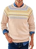Runcati Maglione da uomo in lana norvegese, a maniche lunghe, con scollo tondo, stile Fair Isle, caldo, invernale, basic, casual, cachi, M