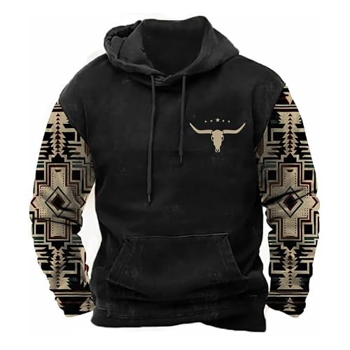Men's Retro Hoodies Long Sleeve Western Aztec Hooded Sweatshirts Ethnic Print Loose Lightweight Pullover Tops