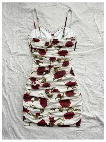 Image of SOLY HUX Women's Summer Floral Corset Dress Spaghetti Strap Ruched Mesh Bodycon Vacation Mini Dresses