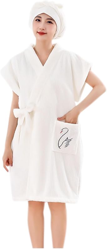 Womens Short Sleeve Bathrobes Soft Absorbent Knee Length Comfy Fall Loungewear Cute Spa Robes with Shower Cap