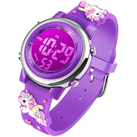 Girls Digital Watch Age 3-12 for Gifts, 3D Cartoon Waterproof Sports Outdoor LED Electrical Watches with Luminous Alarm Stopwatch Toddler Wristwatch for 3-12 Year Old Little Child Purple Unicorn Cover