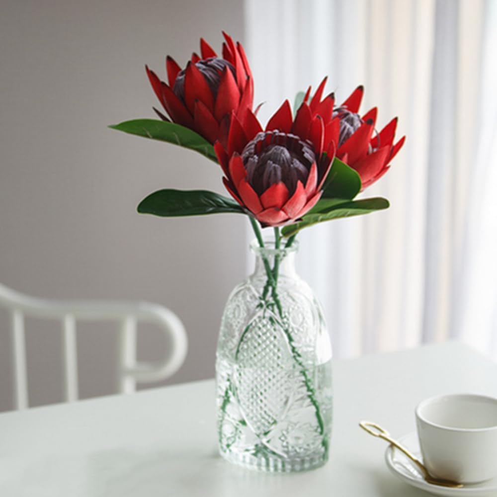 NatureMan 3 Pieces Artificial Flowers Fake Silk Protea Cynaroides Plastic Flower Arrangements Decor Bouquet for Wedding Table Centerpieces (Red)