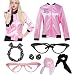 Womens Grease Pink Ladies Satin Jacket Costume with 50s Accessories Set (M, Pink and Rhinestone)