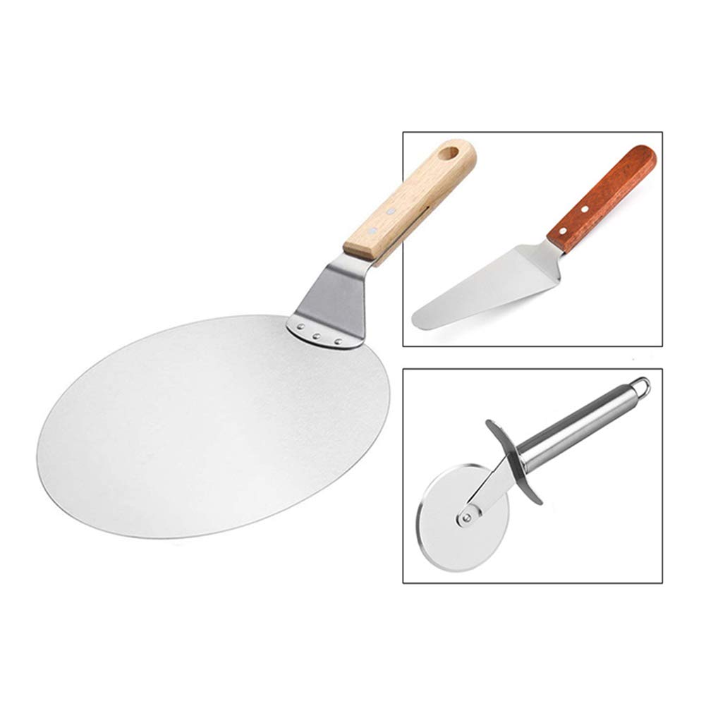AKAZI 3-in-1-Pizzaschneider-Server, Pizzaschieber/Pizzaschaufel/Pizzaschneider, Pizzapaddel, Radschneider mit Edelstahl-Holzgriff, perfekt zum Backen von hausgemachter Pizza/Kuchen