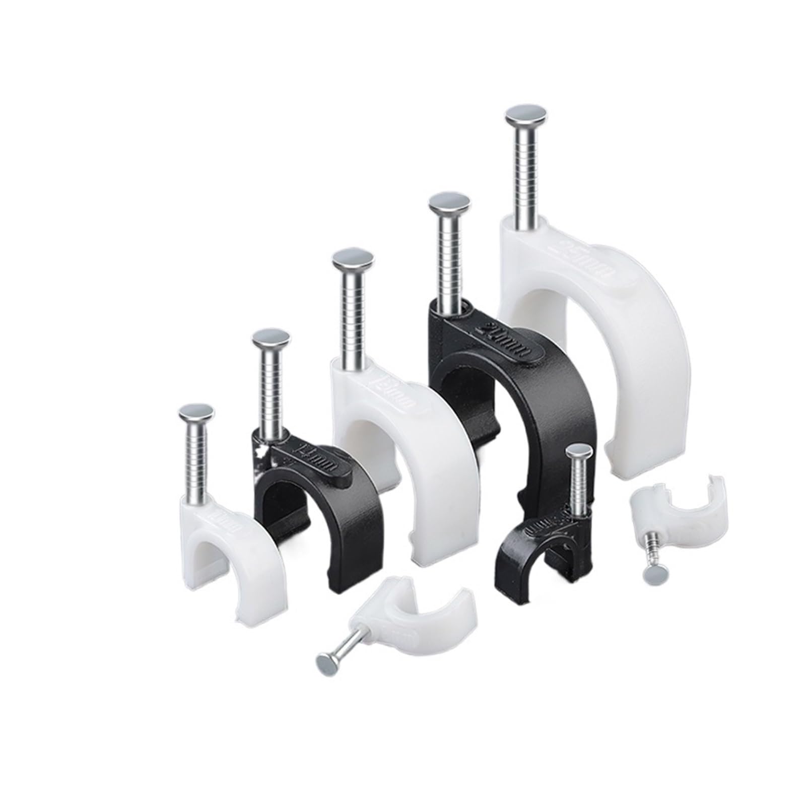 Clips de plástico for cables y alambres con clavos de acero | Negro, 4-14 mm, Gestión de cables de pared: 100 unidades(Round 12MM)