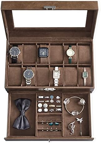 SONGMICS 12-Slot Watch Box, Lockable Watch Case with Glass Lid, 2 Layers, with 1 Drawer for Rings, Bracelets, Gift Idea, Brown Synthetic Leather, Brown Lining UJWB012K01