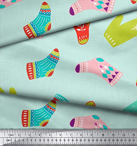 Image of Soimoi Green Cotton Voile Fabric Socks & Gloves Folk Art Fabric Prints By Meter 56 Inch Wide