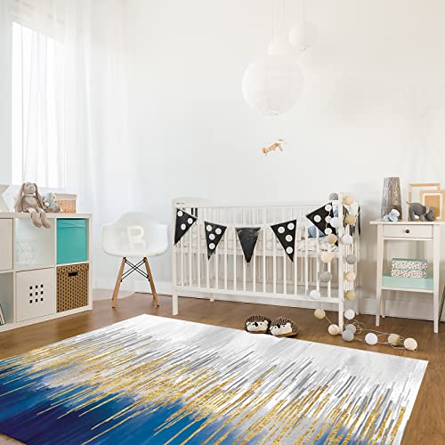 Blue Yellow Grey Area Rug For Bed Room, 5' X 8' Indoor Accent Rugs Non-Skid Kitchen Runner, Abstract Art Color Painting Bathroom Rugs Modern Floor Mats Washable Throw Carpet For Living Room #TOP5