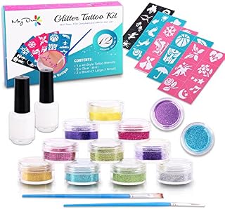 Maydear Glitter Tattoo Kit with 12 Large Glitters & 40 Stencils for Temporary