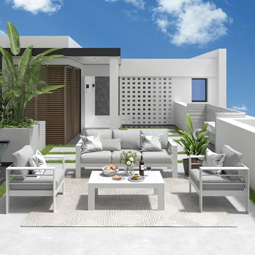 Solaste Aluminum Patio Furniture Set, 5 Seats Modern Outdoor Conversation Set Couch Sofa with Upgrade Cushion and Coffee Table, White