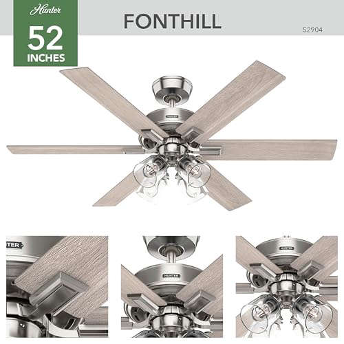 Image of Hunter Fonthill Indoor Ceiling Fan With Light, Remote, 52-inch, Fresh White, Fast Install, 6-speeds (Brushed Nickel)