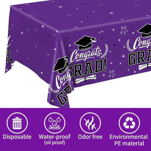 Image of Staraise 2025 Graduation Party Table Decorations 3PCS Purple Graduation Tablecloths,Waterproof Plastic Rectangular Disposable Table Cover for Congrats Grad Cloths Party Supplies,51.2x86.6inch