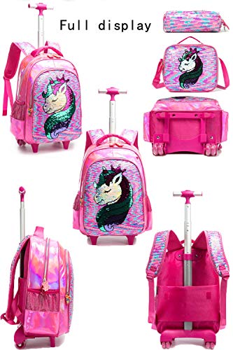Egchescebo School Kids Rolling Backpack for Girls and Boys With Wheels Trolley Wheeled Backpacks for Girls Travel Bags 3PCS Girls and Boys Backpack With Lunch Box Rose Red