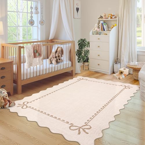 Image of GarveeHome Scalloped Bow Rug 5x7 Washable Beige Rug for Bedroom Living Room