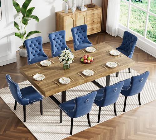 Image of Brown Dining Room Table Set for 8, 9-Piece 63 inch-78.74 inch Extendable Dining Table Set with 8 Upholstered Chairs, Rectangle Wooden Expanding Kitchen Table and Blue Chairs Set