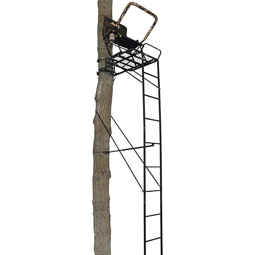 Muddy Boss Hawg 1.5 Deer Hunting Ladderstand, 17 Foot 1 Person Climbing Tree Stand with Lumbar Seat and Expanded D-Force Metal Platform
