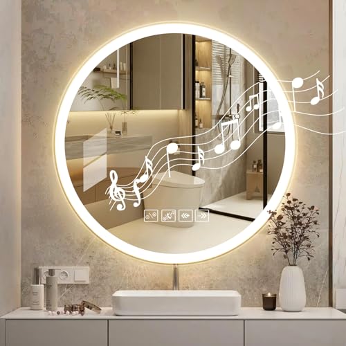 Hondony Espejo Baño Redondo con Luz 60cm, Espejo Baño LED Bluetooth, Antivaho, Regulable, 3 Colores Luz, Función Memoria, Musical Espejo LED, Interruptor Táctil