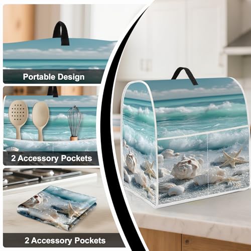 Image of Kitchen Dust Cover Compatible with 4.5 5 6 8 quart Stand Mixer, Kitchen Appliance Protective Covers with Top Handle and Pocket (Ocean Shell Beach, For All 6-8 qt Mixer)