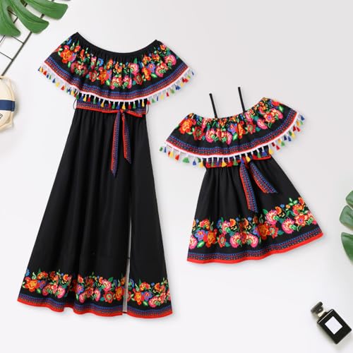 AWIBMK Mommy and Me Matching Floral Ruffle Mexican Dress Off-Shoulder Belted Cinco De Mayo Fiesta Mom Daughter Outfits3
