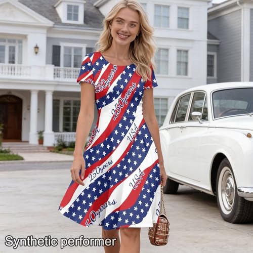 Image of HUGS IDEA Womens Puffy Swing Midi Dress Round Neck Short Sleeve Party A-Line Dresses