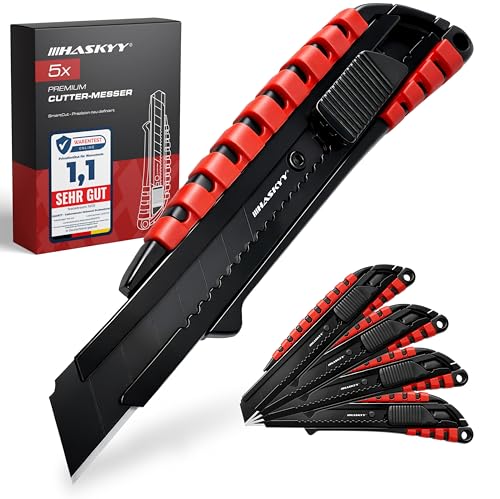 HASKYY Cuttermesser Teppichmesser Universal Professional Set 5x Cutter Messer 18mm mit Extra scharfer SK5 Klinge, Ergonomisch geformter Körper mit Gummirillen & Sicherer Klingenwechsel