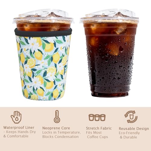 Image of Reusable Insulated Sleeve for Iced Coffee Cup, 3-Pack Coffee Neoprene Drink Sleeve for Cold & Hot Drinks, Beverage Holder for Iced Coffee (Bright Lemons)