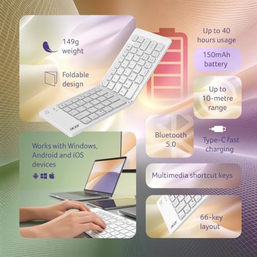 Image of Acer MiniFold Foldable Bluetooth Keyboard, Ultra Portable 66-Key Wireless Keyboard, Bluetooth 5.0, Rechargeable Battery, Type-C Charging, 150mAh Battery, for Windows, Android, iOS, Tablets & Laptops