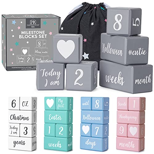 Image of Gray Monthly Milestone Blocks with Bag. Baby Age Blocks for Girl or Boy Baby Photo Props. Month Baby Milestone Blocks with Grammatically Correct Month and Year