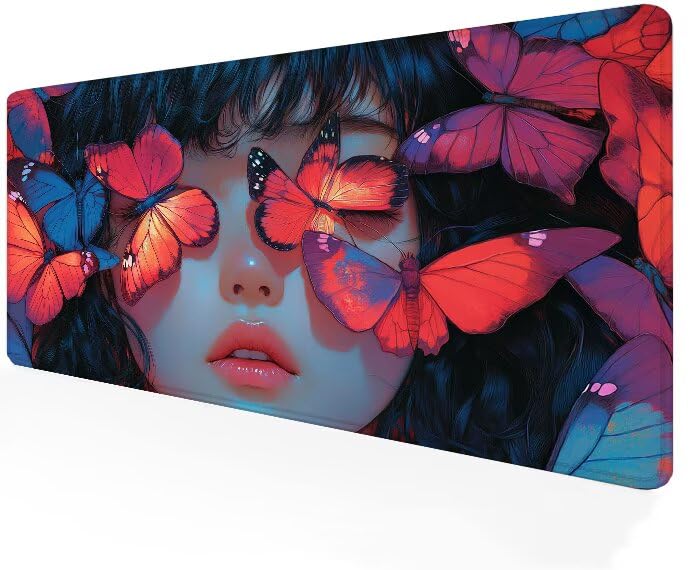 Tapis de souris papillon XXL pour PC de bureau gamer lavable et imperméable avec surface de vitesse