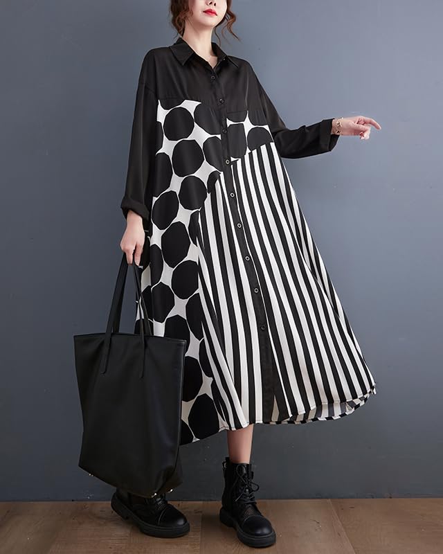 Image of ellazhu Womens Fall Casual Patchwork Funky Long Sleeve Designer Dress Loose Blouse GY2787 A