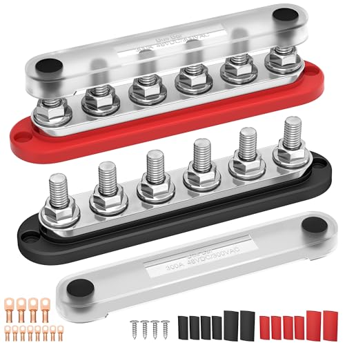 Joinfworld Sammelschiene Busbar 12V 300A Stromverteilungsblock Marine Stromverteilerblock mit Abdeckung 6x3/8Anschlussbolzen bis 300VAC 48VDC Positive & Masse-Sammelschiene für Auto Boot(BB300-T6M10)