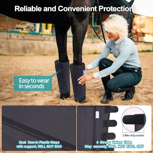 Image of Mesh Horse Fly Boots Set of 4, Loose Fitting Leggings for Horses, Reduce Stressful Stomping, Breathable Adjustable and Universal Fit for 4 Legs, Reliable Stay Put (Black Blue)