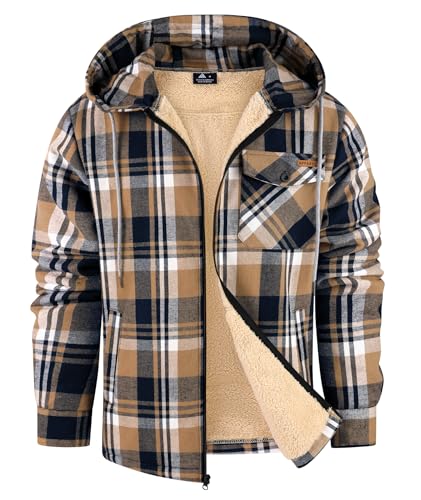 ZITY Men's Flannel Jacket Zip Up Fleece Hoodies Casual Plaid Coat with Pokect Winter Warm Sherpa Lined Sweatshirt