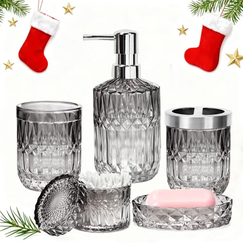Set de Baño de Cristal, Accesorios de baño de Cristal, Moderno Juego de dispensador de jabón, jabonera, Soporte para Cepillo de Dientes, bidón de algodón y Vaso (Negro Degradado)