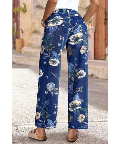 Women's High Waisted Baggy Jeans Stretch Wide Leg Printed Embroidered Straight Leg Denim Pants2