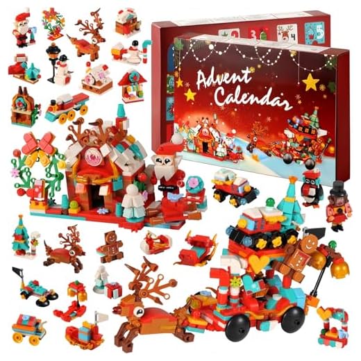 KAHEIGN Calendrier de L'avent 2024, Compte à Rebours de Noël de 24 Jours avec 895 Pièces 12 en 1 Traîneau du Père Noël Maison de Desserts Construction Blocs pour Enfants Noël Cadeaux Fêtes Décoration