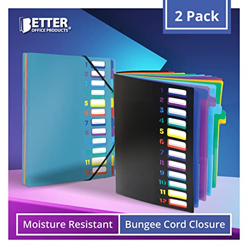 24 Clear Pocket Expanding File Folder With 12 Colored Tabs, Letter Size, Holds 300 Sheets, Project File Organizer, Numbered Index On Cover, By Better Office Products (2 Pack Black & Blue) #TOP3
