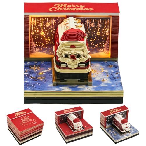 BRGD 2027 Calendrier 3D de Bureau, Train de Noël Papier Sculpture Memo Pad avec Lumière LED pour Noël, une Pendaison de Crémaillère, Bureau ou Maison