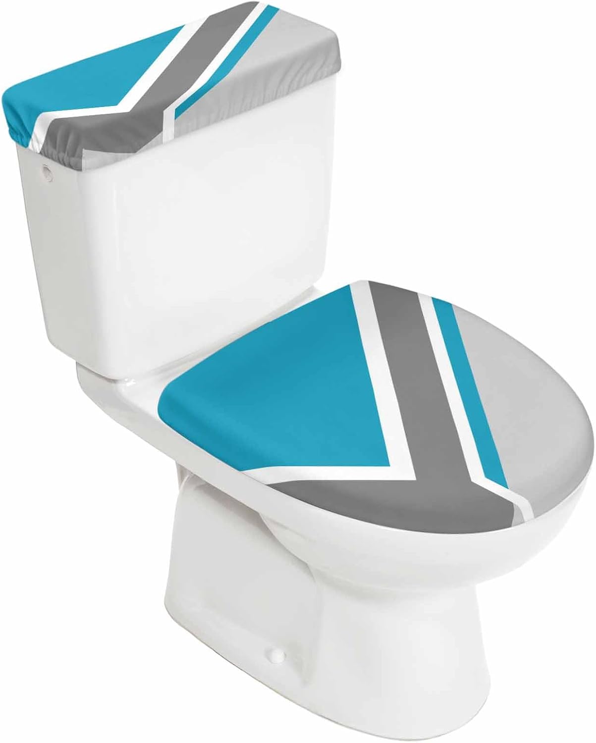 Teal Geometric Elastic Toilet Lid and Tank Covers Set, Darker Gray Minimalism Modern Decorative Bathroom Decor, 2 Pcs Toilet Lid Cover and Toilet Tank Lid Cover with Elastic Bottom