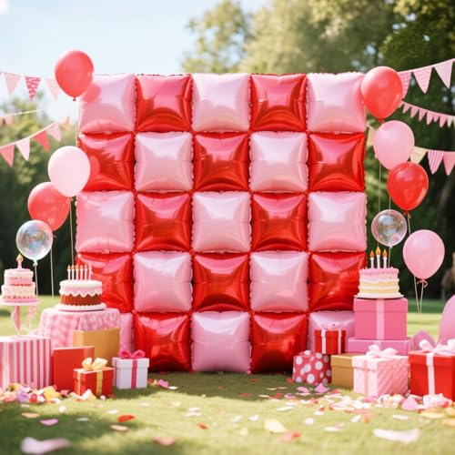 NISOCY 25PCS Red and Pearl Pink Square Foil Balloons Wall Backdrop Double Sided Red Pink Balloon Arch Kit for Birthday Bachelorette Anniversary Engagement ​​Valentine's Day Strawberry Party Decoration by NISOCY - Used condition - Image 8