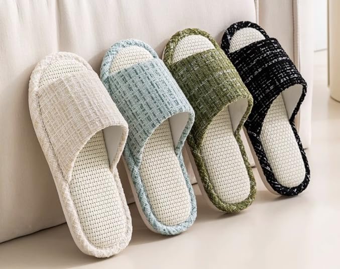 Womens Slippers, Linen Flax House Slippers for Women Men Unisex, Cute Soft Open Toe Summer Bedroom Slides House Shoes Indoor Outdoor Shower Drys fast3
