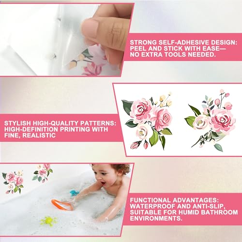 Selbstklebende Badewannenbodenaufkleber mit Pflanzenblume Muster, Blumen Wandaufkleber Badewanne, rutschfeste Anti Rutsch Aufkleber für Dusche und Bad, Sicher, Praktisch und Dekorativ, 6 Stück
