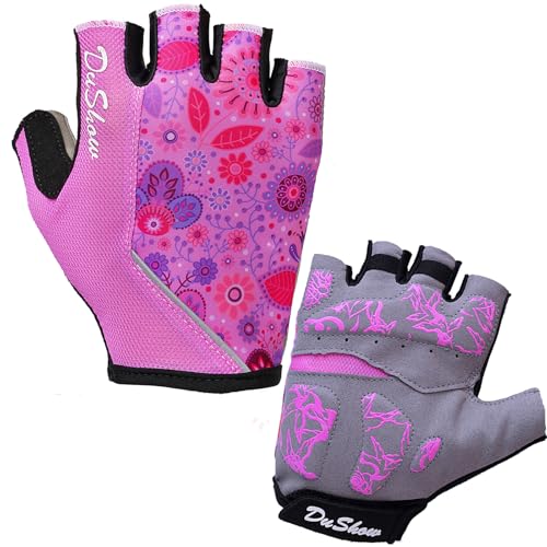 DuShow Women Half Finger Cycling Gloves,Bicycle Biking Bike Gloves with Anti-Slip Shock-Absorbing Pad,Riding MTB Gym Short Fingerless Gloves Pink Flower-M