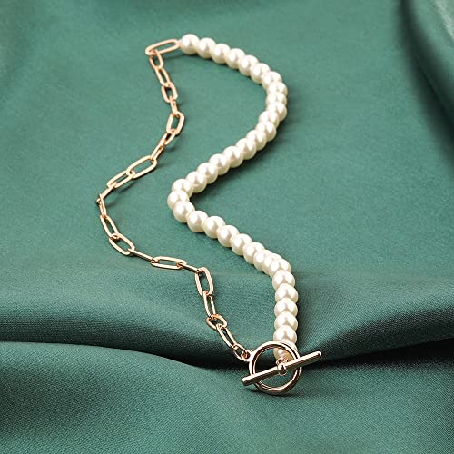 Mjartoria Paper Clip Pearl Choker Necklace, 14K Gold Plated Paperclip Chain Necklace For Women, Toggle Clasp Necklaces, Dainty Pearl Chain Necklace Trendy Layering Jewelry Birthday Gifts For Girls #TOP3