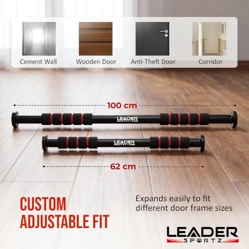 Image of Leader Sportz Pull Up Bar for Home for Kids & Adults [100 KG] | Doorway Chin Up Bar with Anti-Slip Grip & Safety Lock | No-Drill Adjustable Hanging Exercise Rod, Gym Equipment for Home Workout