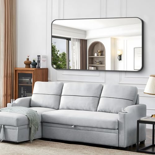 Image of Black Bathroom Mirror, 66x36 inch Aluminum Metal Frame Rectangular Vanity Mirror, Large Wall Mounted Rectangle Mirrors with Rounded Corner for Over Sink Bedroom Living Room Horizontal /Vertical